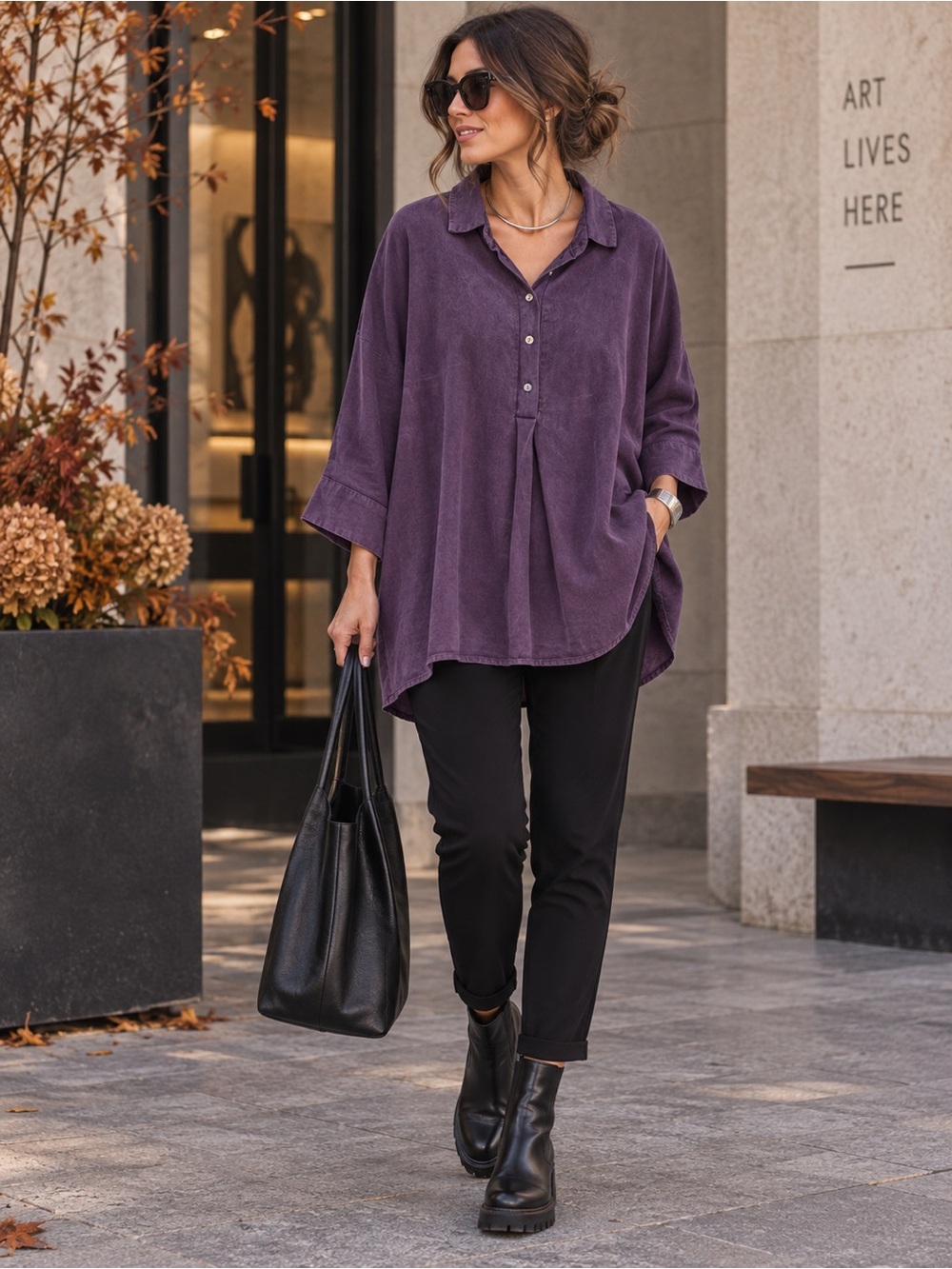 Cut Loose Purple Tencel Oversized Tunic Top Large 3/4 Sleeve Button Front